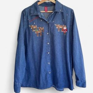 Vintage Denim Embroidered Christmas Santa Reindeer Button Down Long Sleeve Shirt
